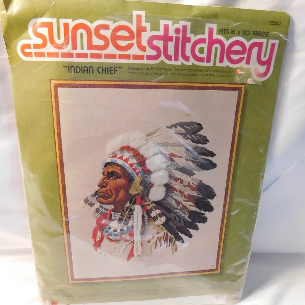 Sunset INDIAN CHIEF Crewel Embroidery Kit Vintage